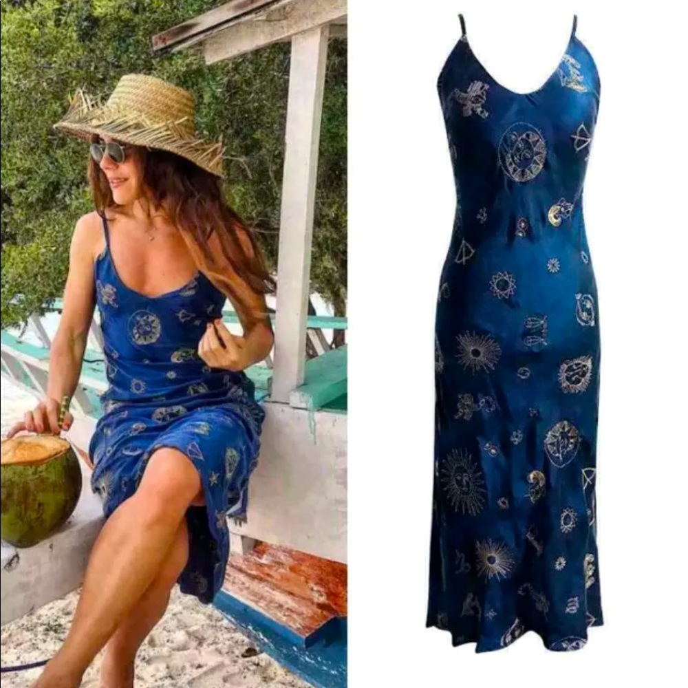 Celestial zodiac Star moon sun blue dress silk vintage boho retro